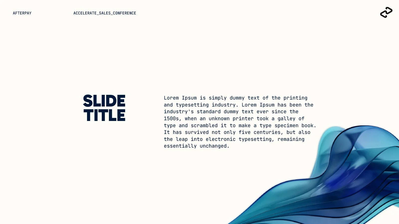 Slide from a presentation with the title 'SLIDE TITLE' and placeholder text in gray, with blue and teal abstract wave design in the bottom right corner.