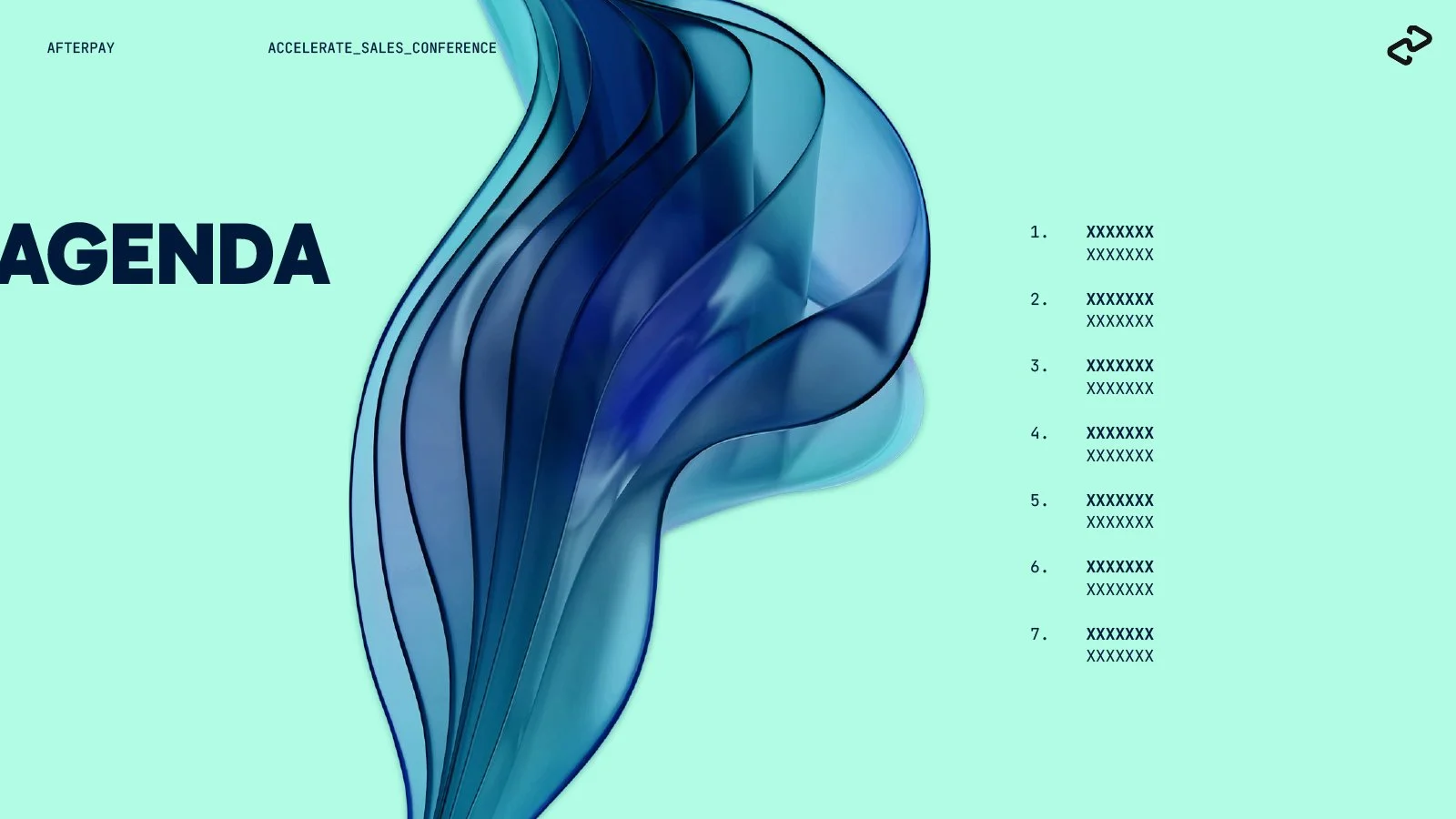 An agenda slide for a conference titled 'ACCELERATE_SALES_CONFERENCE' with a stylized blue abstract design on a light blue background. The slide lists numbered agenda items with placeholder text.