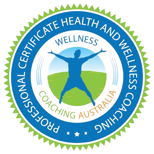 Seal with blue border and green outer edge, featuring a human figure in blue with arms and legs outstretched, standing on grass with a blue sky background. Text around the seal reads 'Professional Certification in Health and Wellness Coaching' and 'Gaining Australia Wellness' with the word 'Wellness' highlighted in multicolor.
