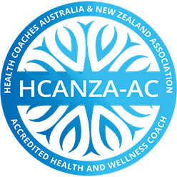 Logo of HCANZA-AC with blue background, featuring a circular design and textual information about health coaching in Australia and New Zealand
