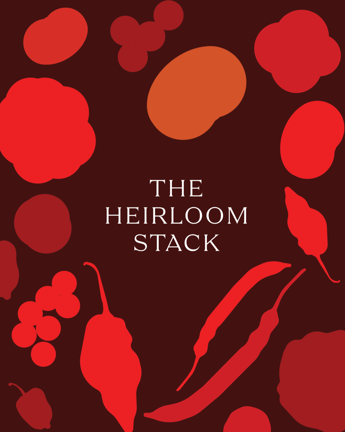 Illustration of Heirloom Stack Seasonal Wild Kit from Pandemonium Gardens, packed with rare heirloom tomatoes, frying peppers, and fresh herbs grown in Valparaiso, Indiana