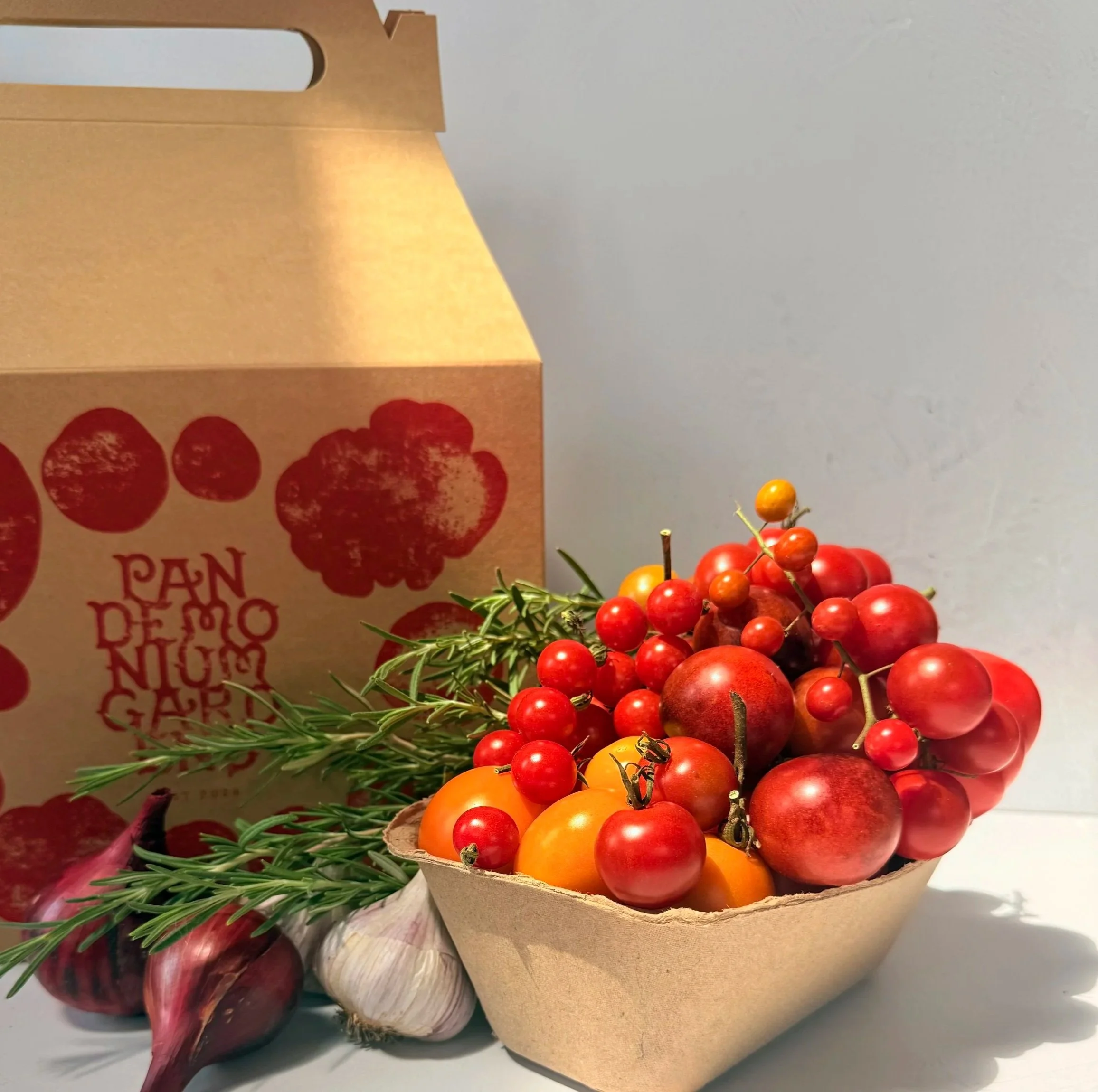 Gourmet meal kit of heirloom tomatoes, herbs and alliums in Valparaiso, Indiana