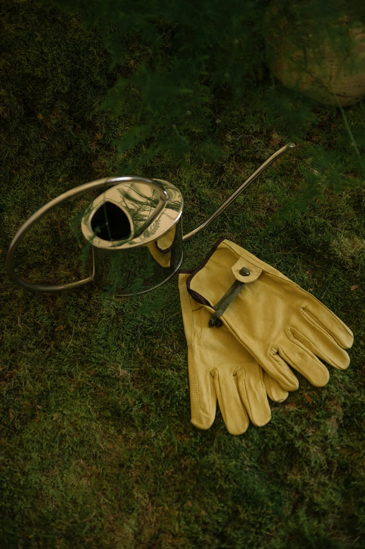 A yellow gardening glove, a watering can, and some green plants on grass.