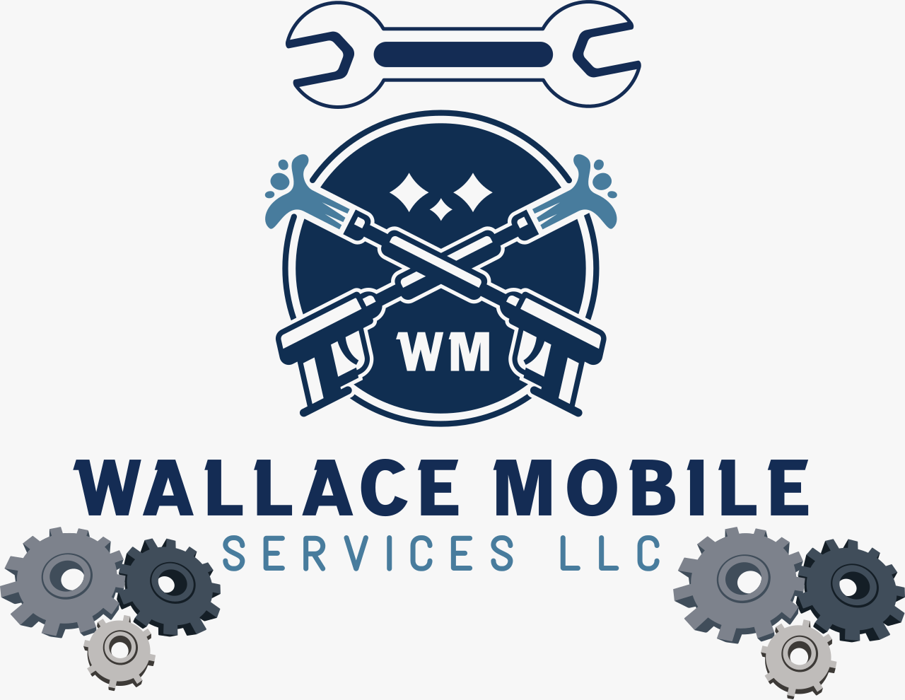Logo for Wallace Mobile Services LLC featuring crossed spray paint guns, gears, and a wrench, with the company name and initials.