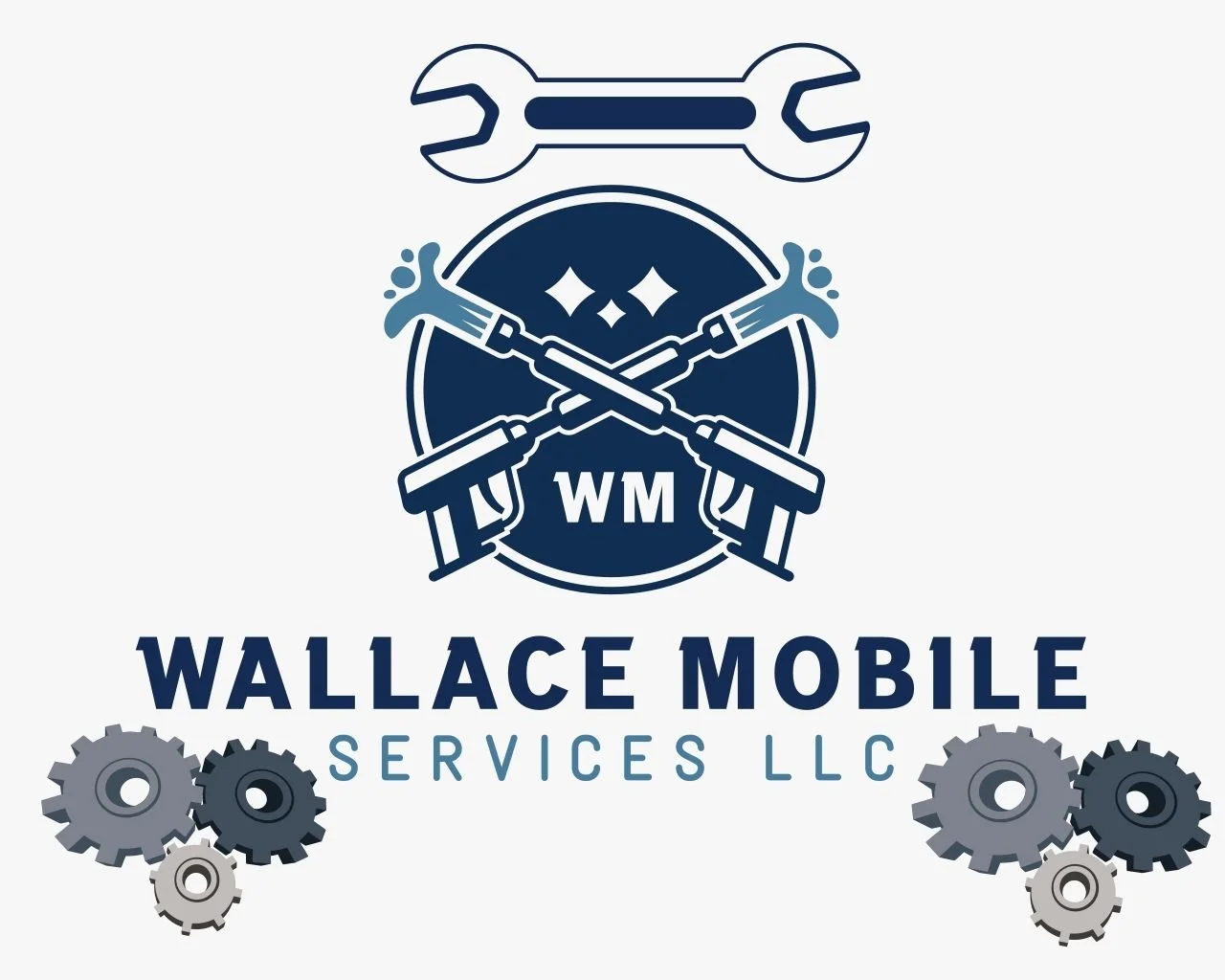 Logo for Wallace Mobile Services LLC featuring crossed wrenches, two spray paint guns, gears, and the initials WM.