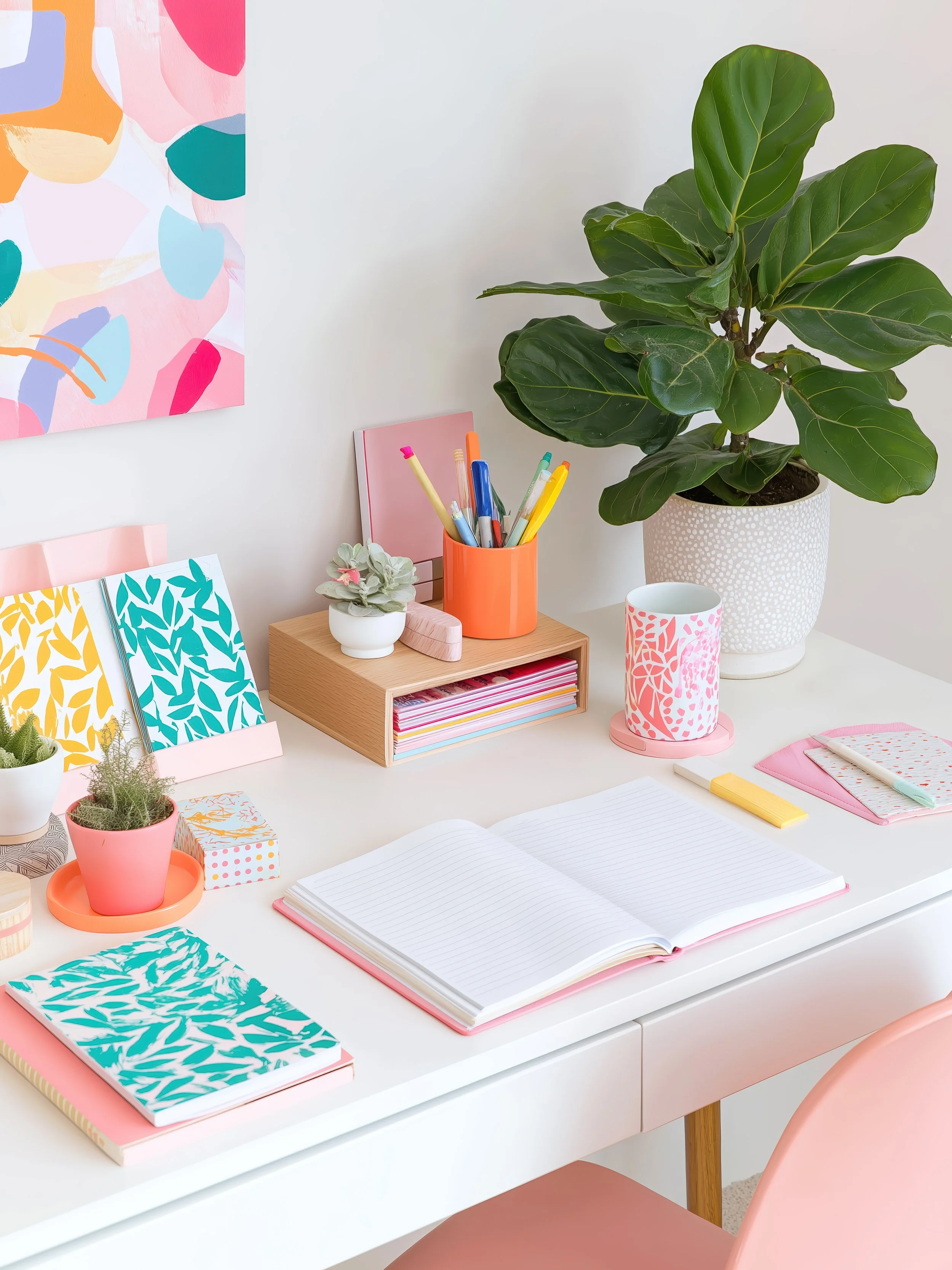 A clean, organized workspace with a white desk, pink chair, and pink-themed stationery. There is a large green leafy plant in a white textured pot, an open notebook, colorful pens in an orange holder, patterned notebooks, a small potted plant, a decorative box, and a pink patterned lamp.
