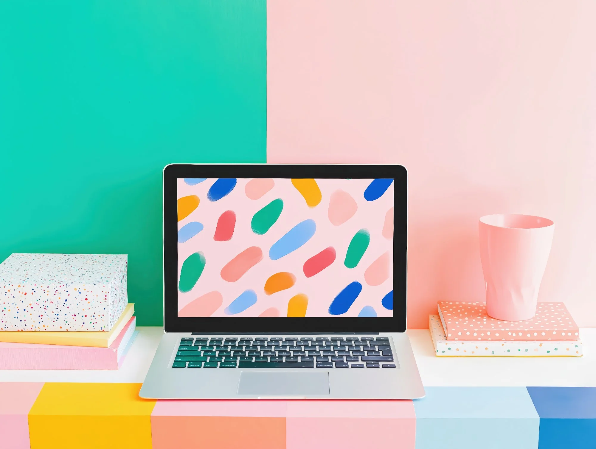 A colorful workspace with a laptop displaying a pattern of multicolored shapes on its screen. The desk has a pink, yellow, and orange color scheme with stacked notebooks, a pink polka-dotted box, and a pink mug. The background is divided into teal and pink sections.