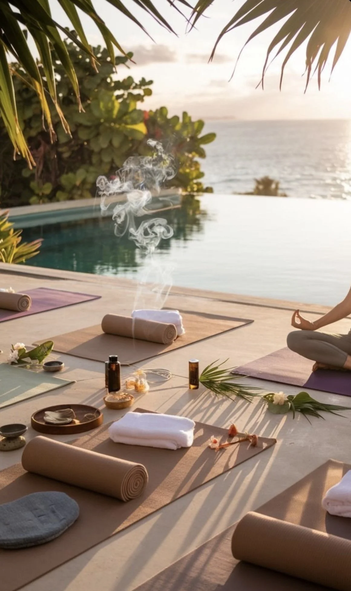 Yoga mats, rolled towels, and essential oils arranged on a deck near the water during sunset, with a person practicing yoga in a seated meditation pose.