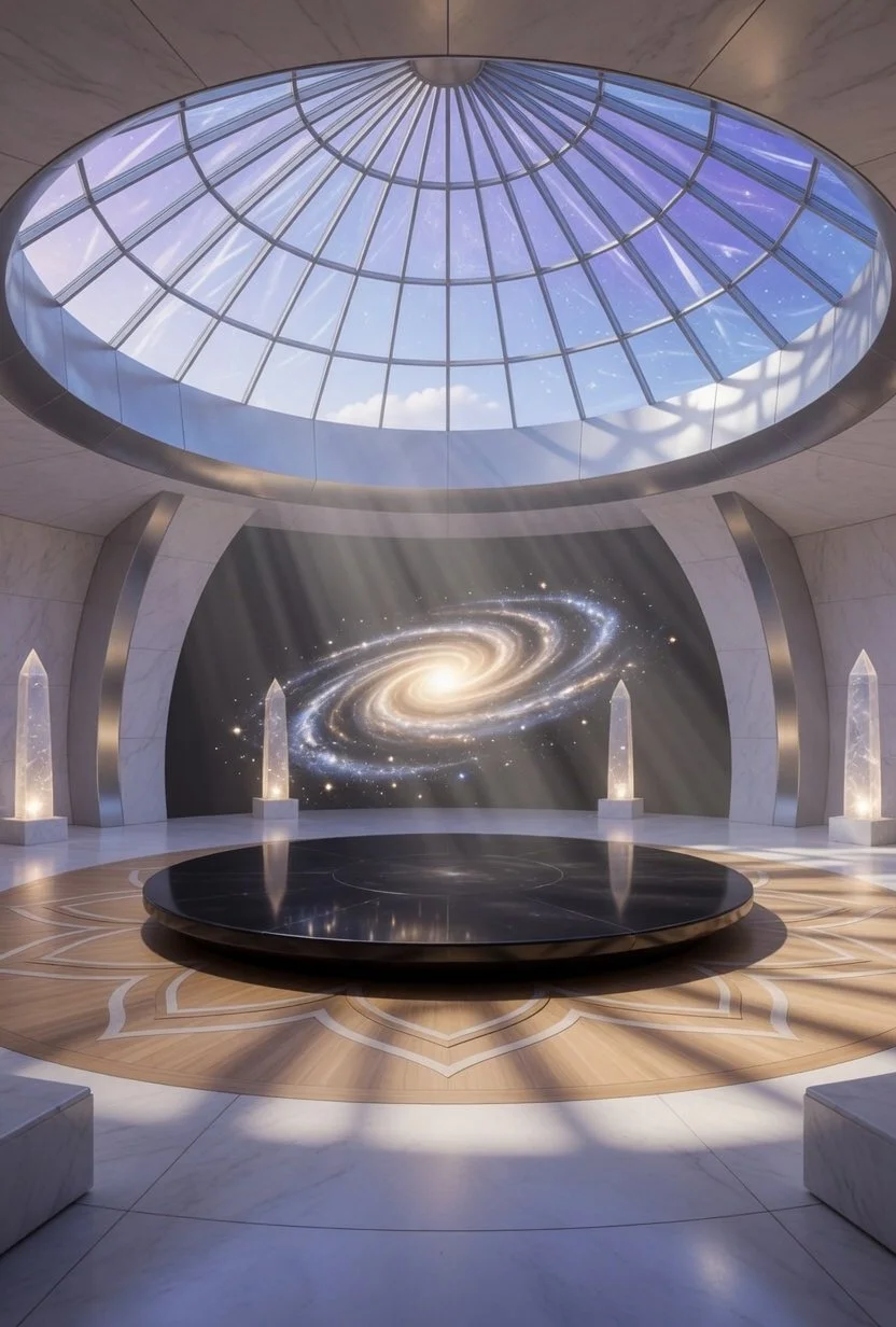 A futuristic room with a large circular skylight and a galaxy projection on the wall, featuring a swirling galaxy with stars. The room has tall, clear crystal-like pillars and a circular black platform on the floor, with light streaming through the skylight.