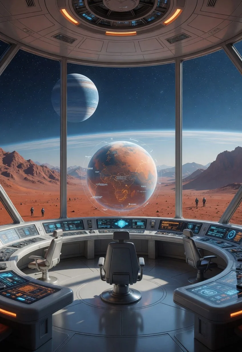 View from inside a space station control room with large windows showing a Mars landscape, Earth in the sky, and a distant planet, with futuristic control panels and chairs.
