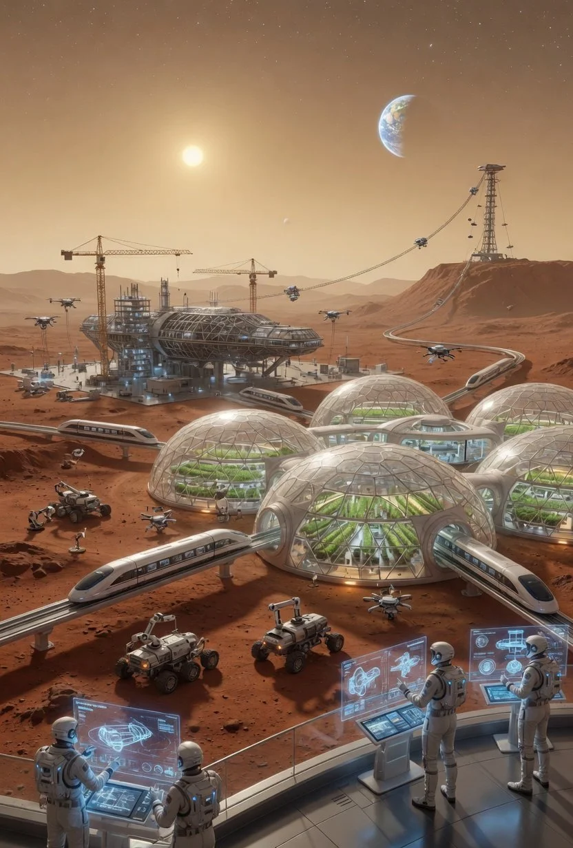 A futuristic Mars colony with domed greenhouses, advanced transportation including trains and drones, and scientists working on holographic displays. In the background, there are construction cranes, a large building under construction, a transmission tower, and planets visible in the sky.