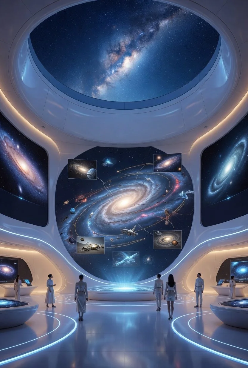 Futuristic space observatory with a large digital display of the galaxy and planets, and people observing scientific exhibits.