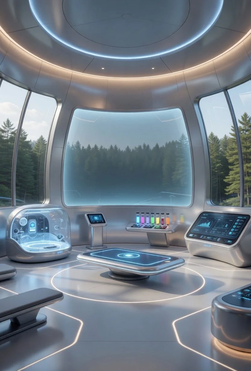 Futuristic control room with large windows showing trees, advanced technology, and illuminated surfaces.