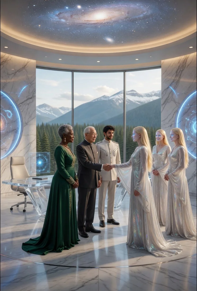 Elegant scene with six people, including two men and four women, in a modern room with large windows showing snow-capped mountains and a forest. A woman in a green gown and an older man shake hands, while the other four women, wearing flowing metallic dresses, smile nearby. The ceiling features a galaxy-themed design, and holographic displays are projected on the walls.