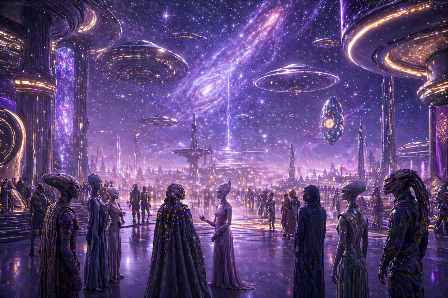 A futuristic, cosmic scene with alien-like beings in an ornate, glowing city under a starry, galactic sky with planets and bright lights.