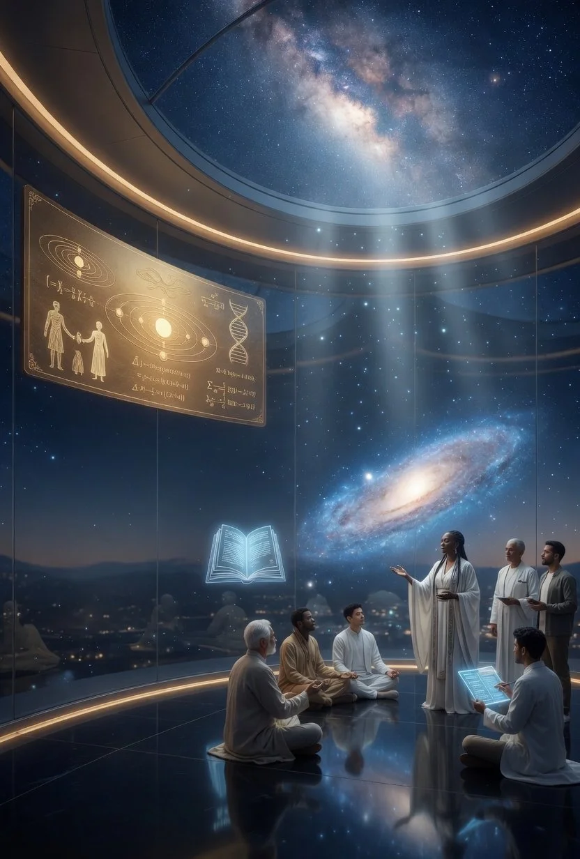A group of people in traditional and modern clothing seated and standing in a futuristic, glass-walled observatory with a view of the galaxy and stars outside. There are holographic displays of scientific diagrams, equations, a book, and an open notebook projecting from the glass walls.