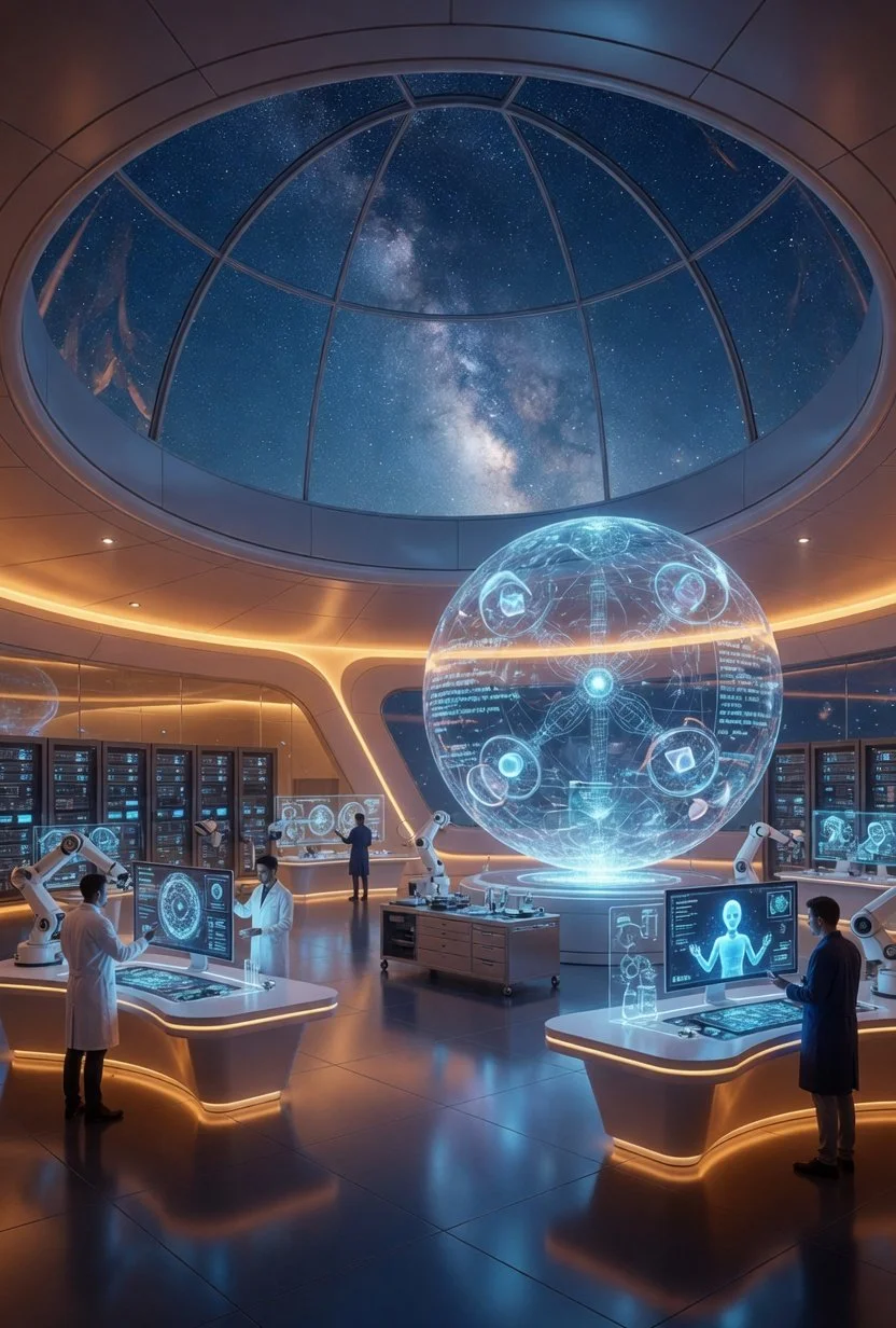 A high-tech, futuristic laboratory with scientists working on holographic screens. A large glass dome ceiling shows a starry night sky and the Milky Way galaxy.