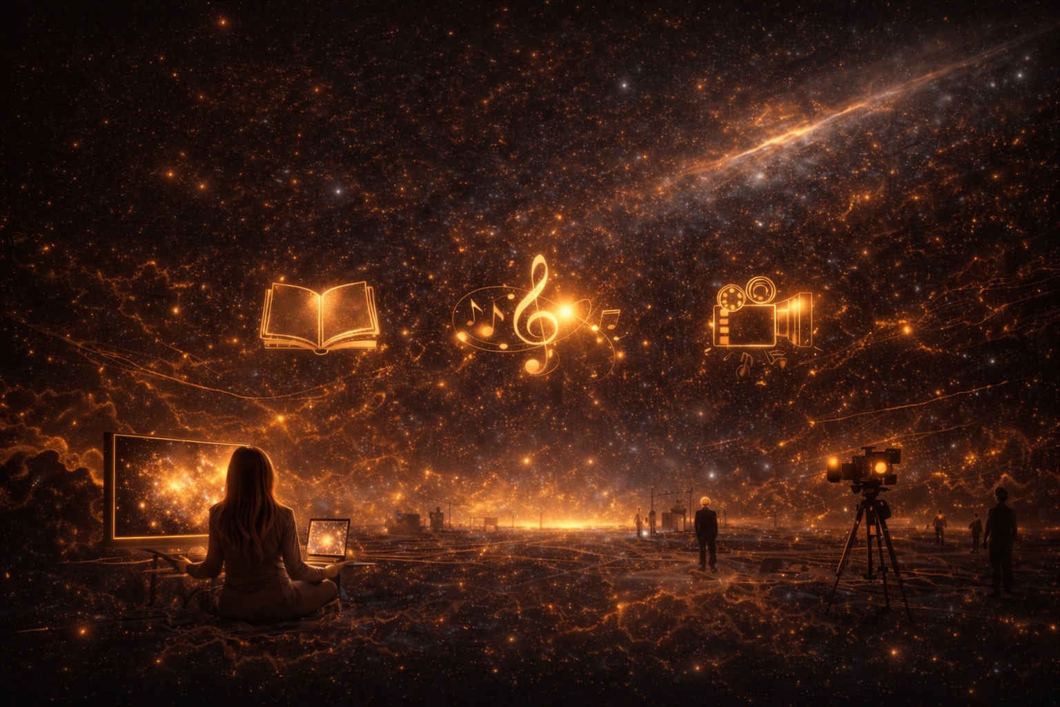 A person sitting cross-legged on the ground with a laptop and a large screen, surrounded by others, in a cosmic, star-filled environment with glowing icons representing books, music, and film above them.