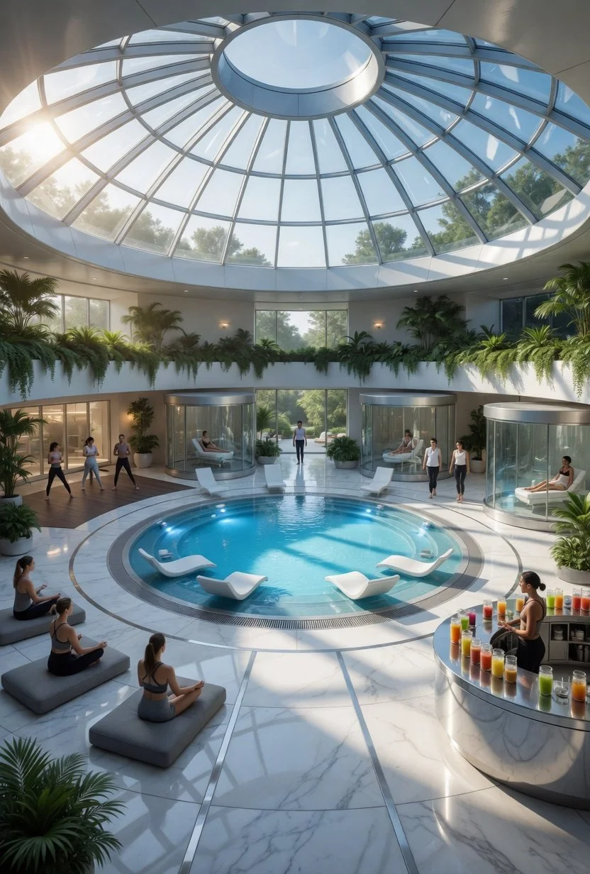 Indoor spa area with a circular pool, lounge chairs, glass bubble tents, and a large glass dome ceiling allowing sunlight and views of trees outside.