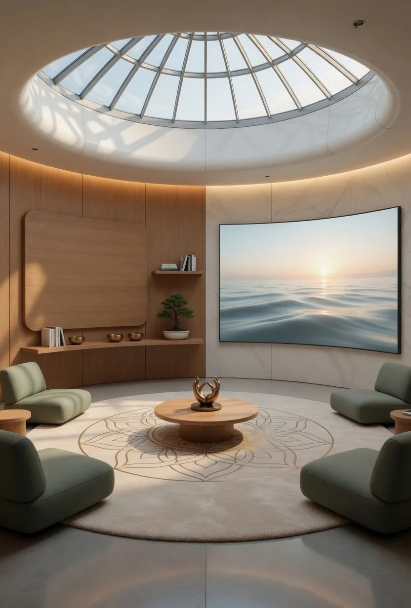 Modern living room with round skylight ceiling, large screen showing ocean view at sunrise, minimalist furniture, a round wooden coffee table with a decorative object, and soft pastel color scheme.