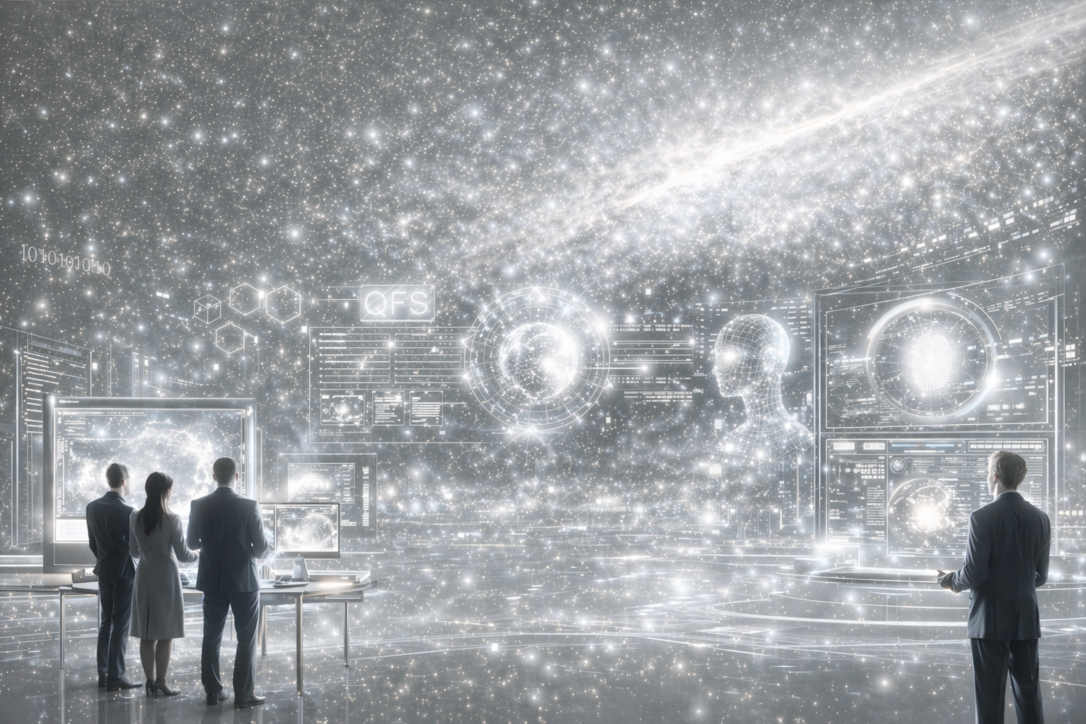 People in business attire interacting with holographic displays of space, data charts, and digital graphics in a high-tech futuristic setting.