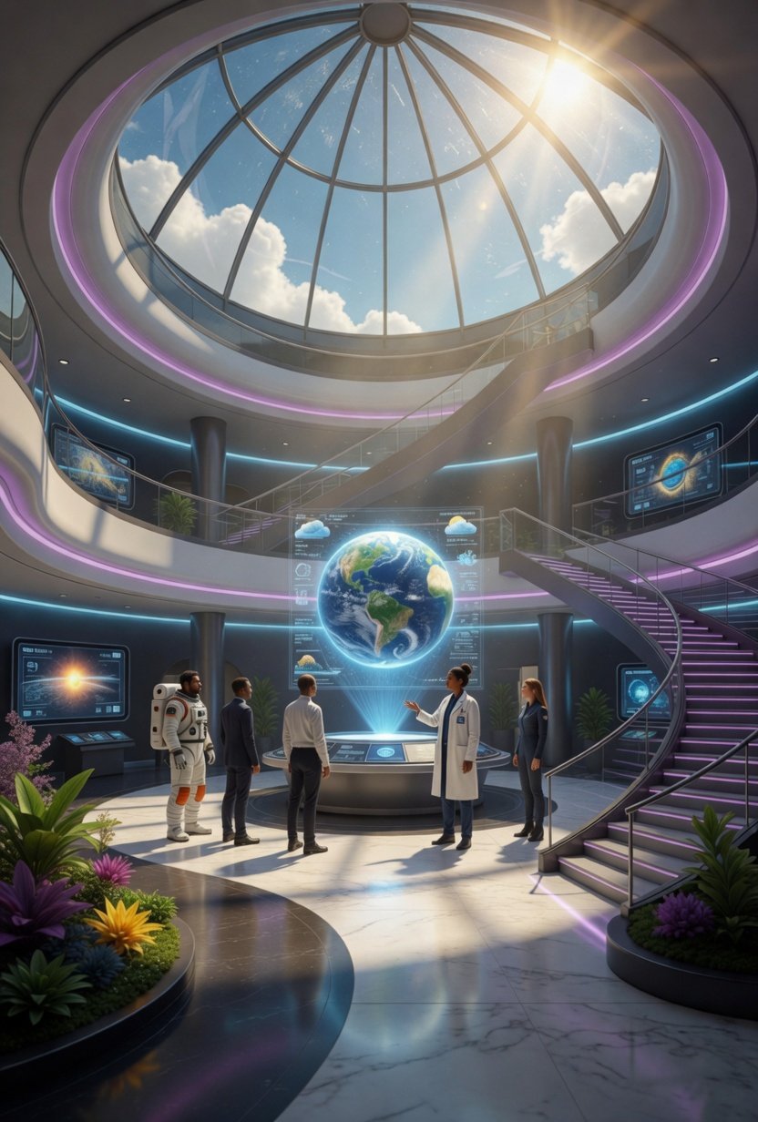 A futuristic space research facility with a large glass dome ceiling showing the sky and clouds. Scientists and an astronaut are gathered around a holographic Earth display, with screens displaying space data. Inside, there are plants and colorful flowers, and a spiral staircase leading to an upper level illuminated with purple and blue neon lights.