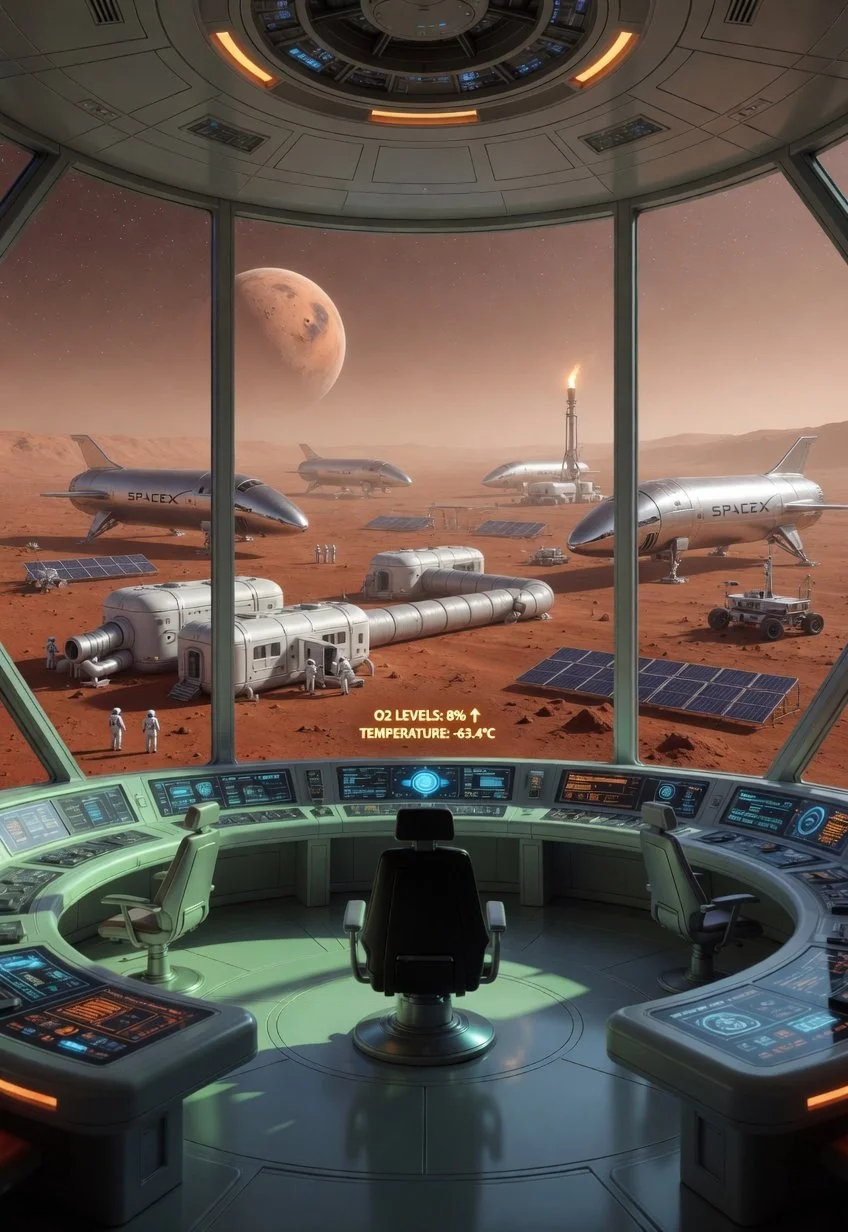 View from inside a futuristic spacecraft cockpit looking out at a Mars surface colony with several space shuttles, tents, solar panels, and astronauts. A large moon or planet is visible in the sky.