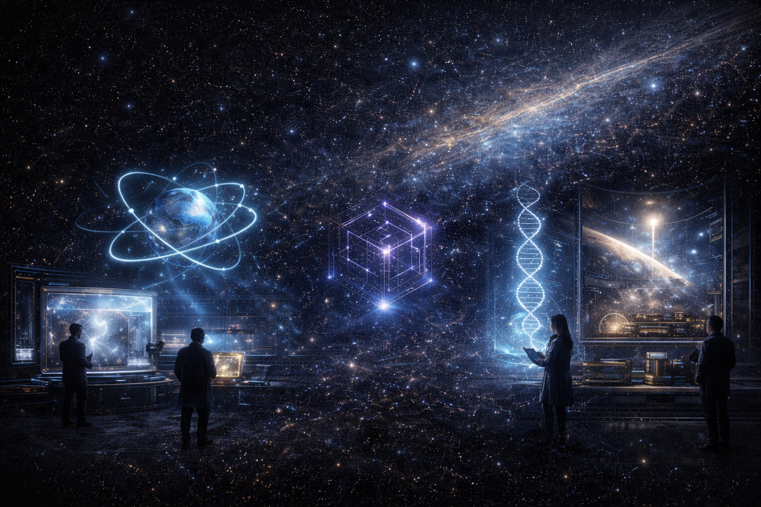 Four people in a dark, futuristic space research lab with holographic displays of planets, DNA, and space phenomena against a star-filled galaxy background.