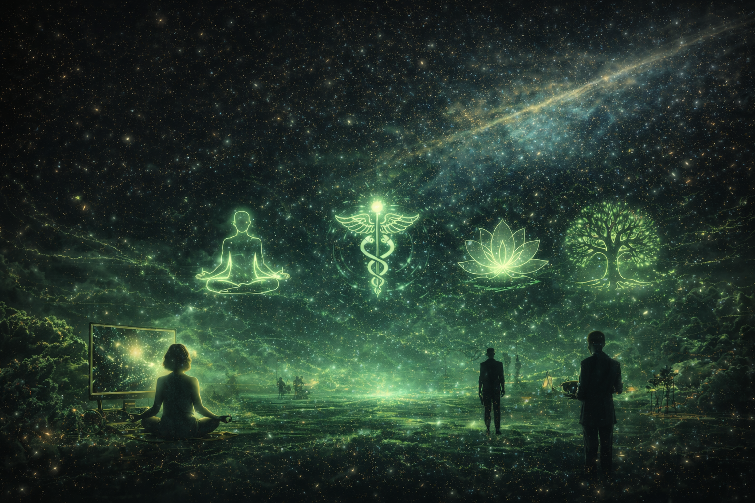 A digital artwork showing people practicing meditation outdoors at night with glowing symbols of yoga, caduceus, lotus flower, and tree overhead, against a starry sky and cosmic background.