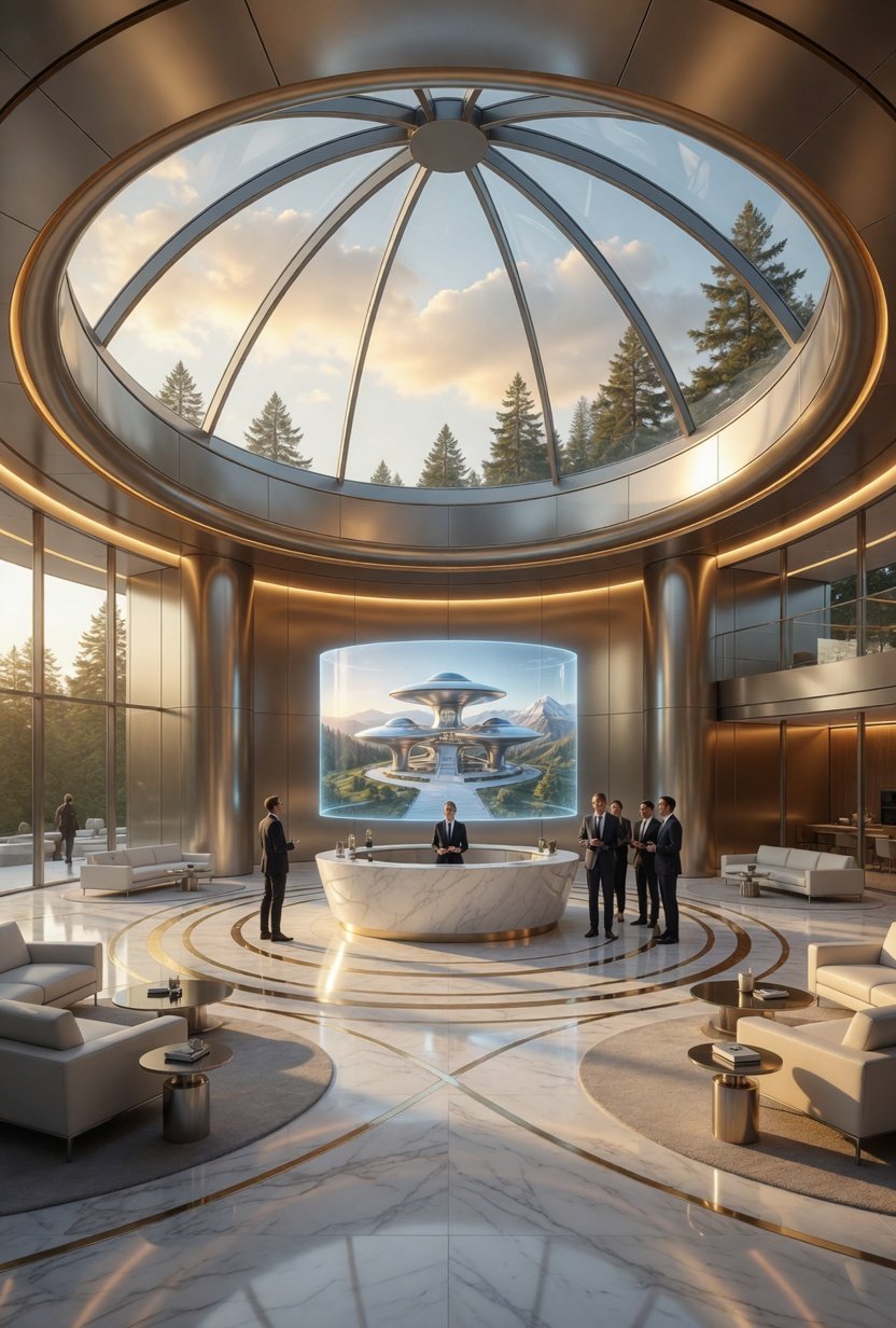 A modern, luxurious lounge with a high glass-domed ceiling and floor-to-ceiling windows, showcasing a scenic view of forested mountains and a partly cloudy sky. The interior features a marble floor, a central marble reception desk with staff, and a futuristic display of a sci-fi building projected on a large screen behind the desk. Seating areas with white sofas and small tables are arranged around the room.