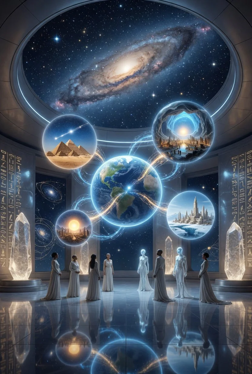 A futuristic scene with women in white dresses standing in a circle inside a spaceship or observatory, gazing at a large window showing outer space with planets, stars, and galaxies. Above them, holographic projections depict Earth, other planets, and distant cityscapes, with glowing crystals and ancient writing on the walls.