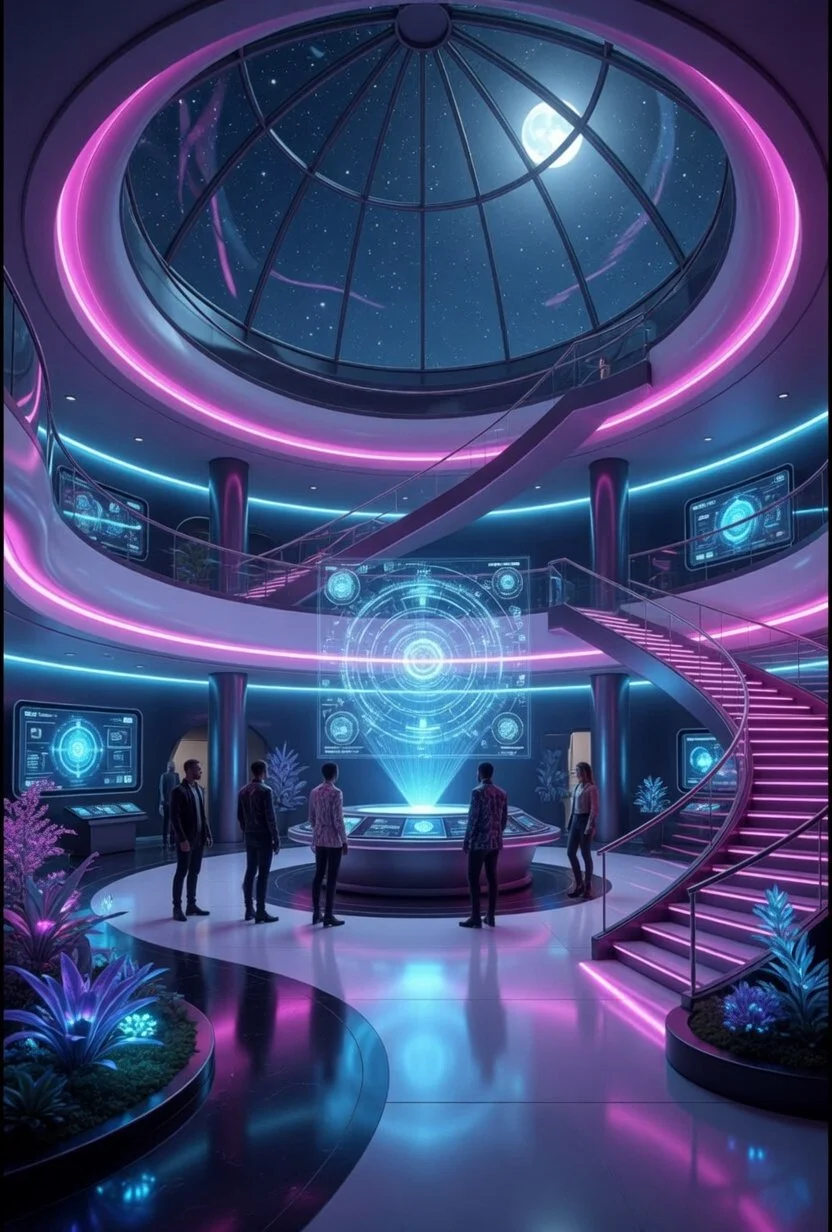 A futuristic, neon-lit interior of a space station or control room with a spiral staircase, large holographic displays, and a view of the moon and stars through a glass ceiling.