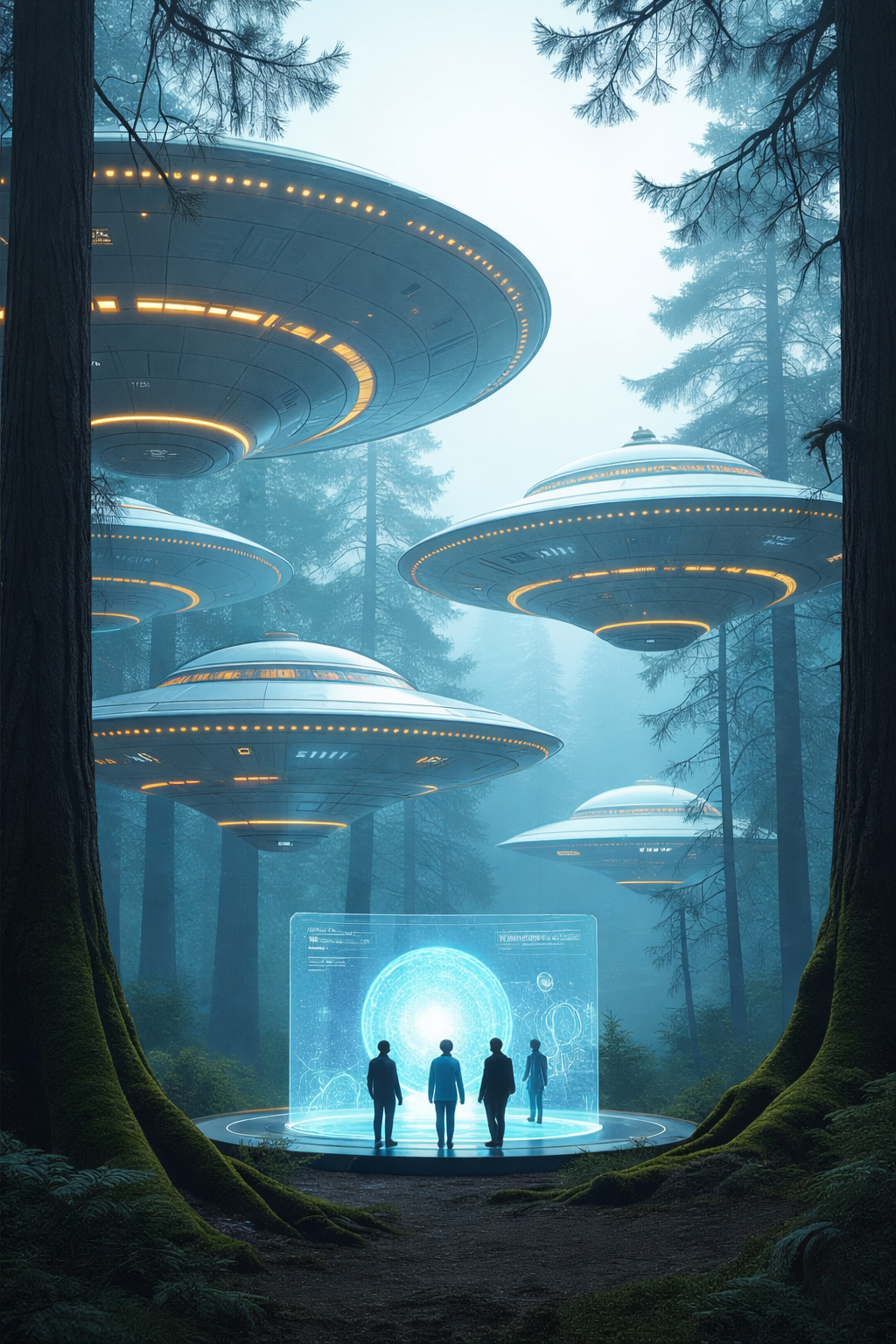 Four people standing in a forest clearing with holographic display showing a glowing globe, as large UFOs hover overhead among tall trees and fog.