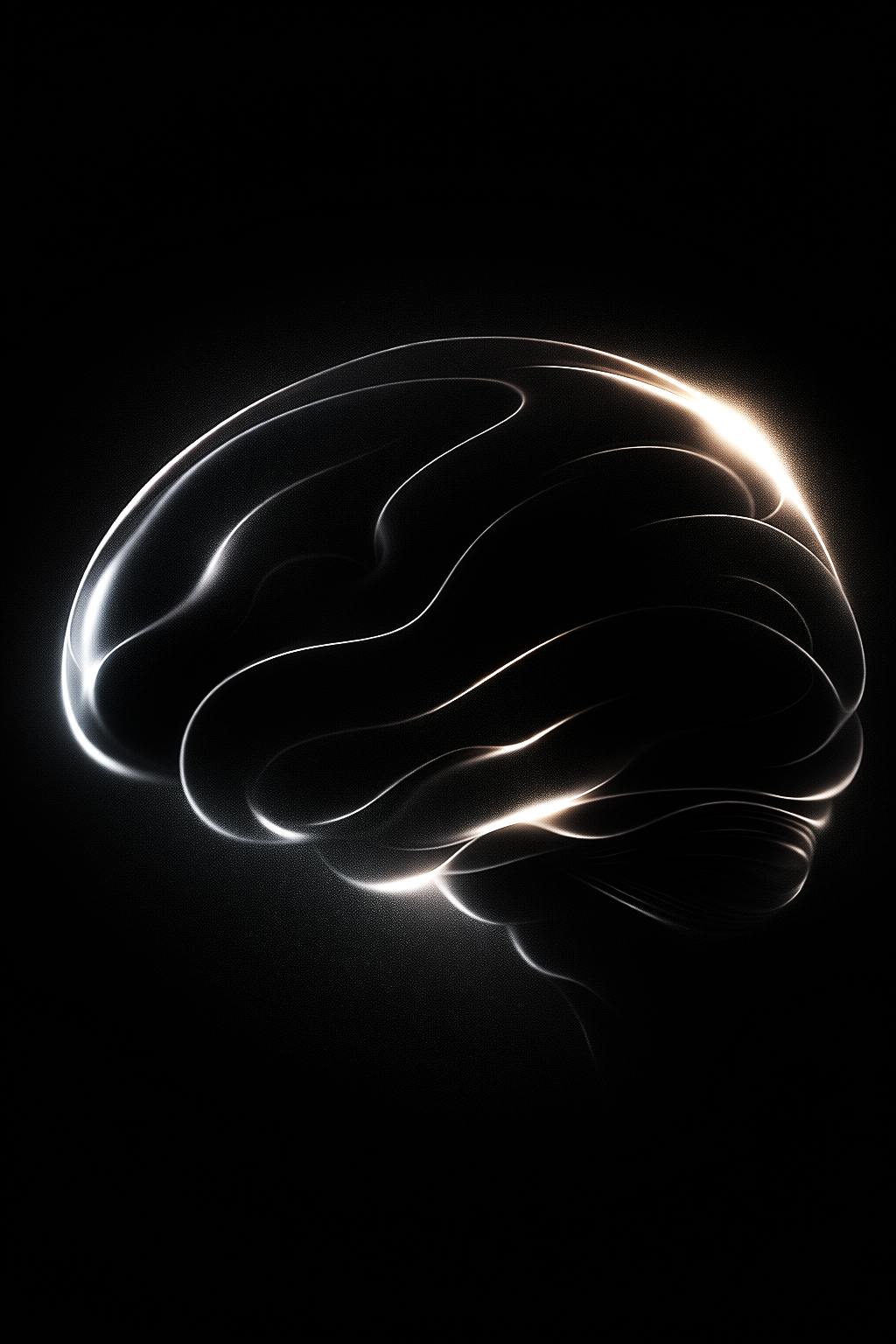 Digital rendering of a human brain depicted with glowing outlines and lighting effects on a dark background.