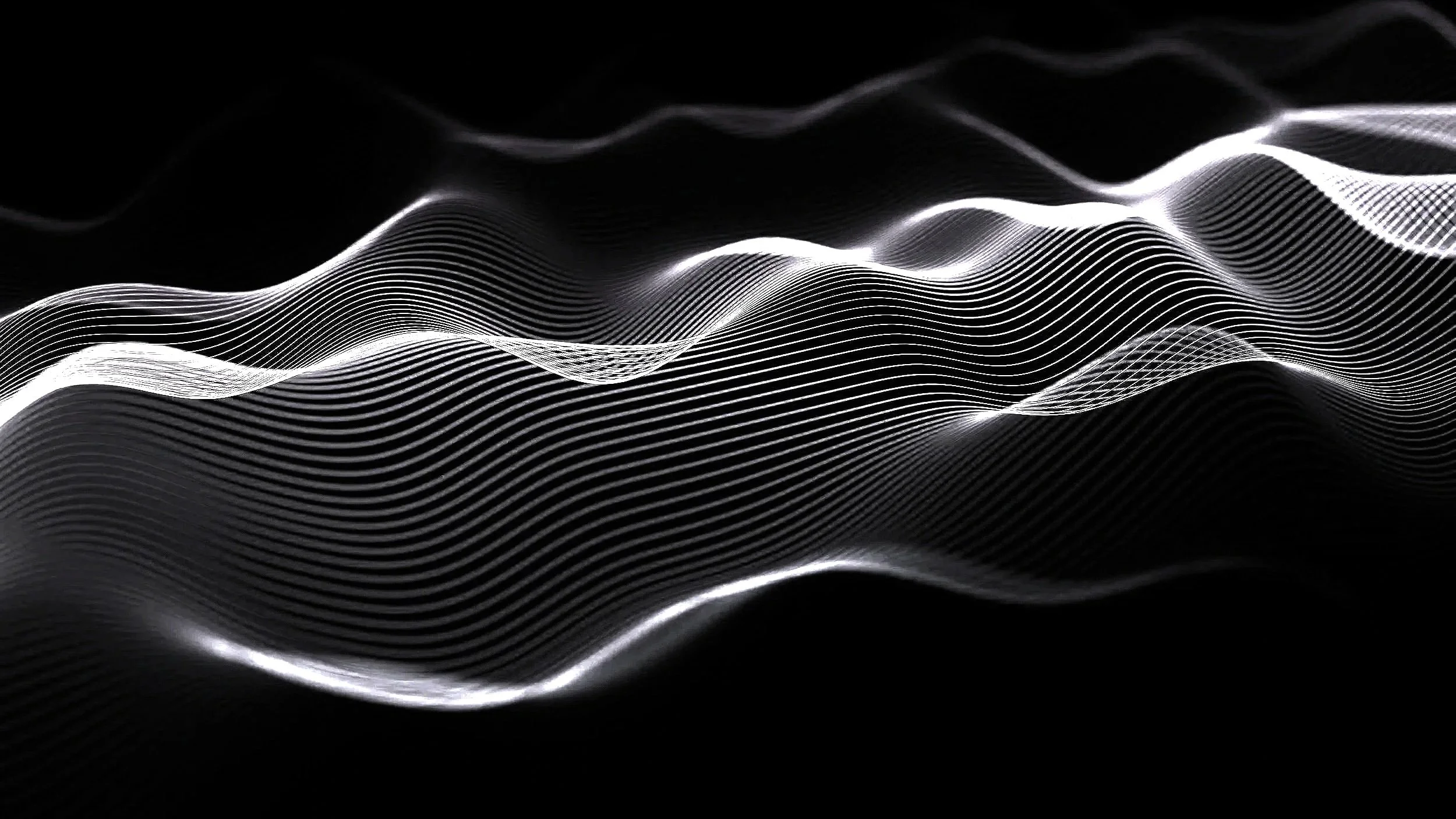 Abstract digital illustration of glowing white wavy lines on a black background, resembling a flowing waveform or ripple pattern.