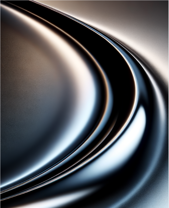 Close-up of curved metallic and glass surfaces with reflections and light highlights.
