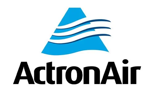 Logo of ActronAir featuring a stylized blue mountain with white wavy lines and the brand name in bold black text.