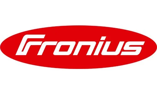 Fronius logo with white text inside a red oval shape.
