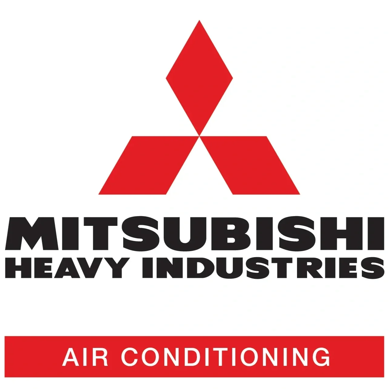 Mitsubishi Heavy Industries logo with three red diamonds and black text, and a red banner with white text reading 'Air Conditioning'.