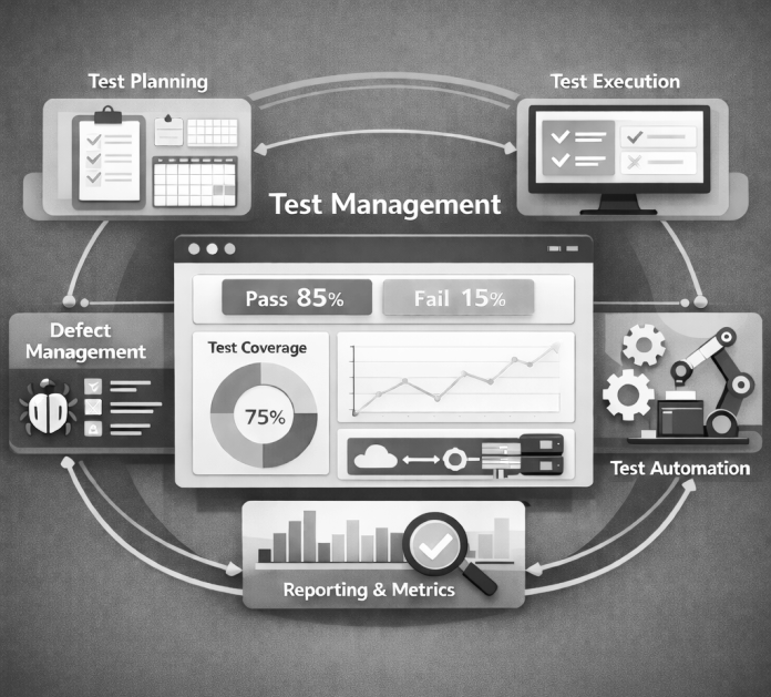 Diagram illustrating software testing process with sections for test planning, test execution, test automation, defect management, reporting, and metrics, showing progress and coverage data.