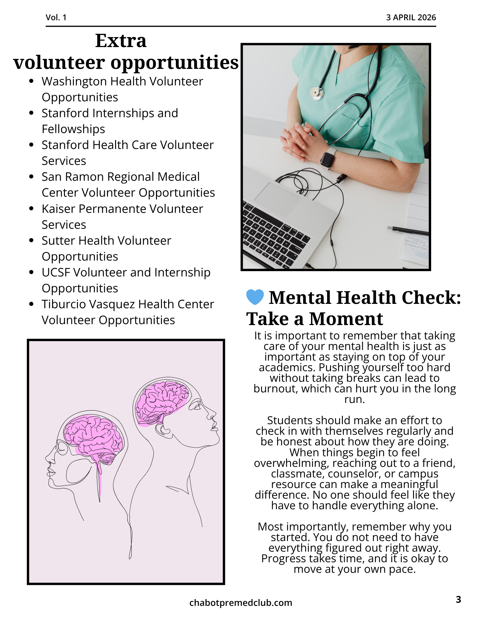 A page from a newsletter or magazine dated April 3, 2026, featuring a list of volunteer opportunities and a section about mental health checks. The page includes a photo of a healthcare professional with a stethoscope, a diagram of a person with their brain highlighted in pink, and text promoting mental health awareness.