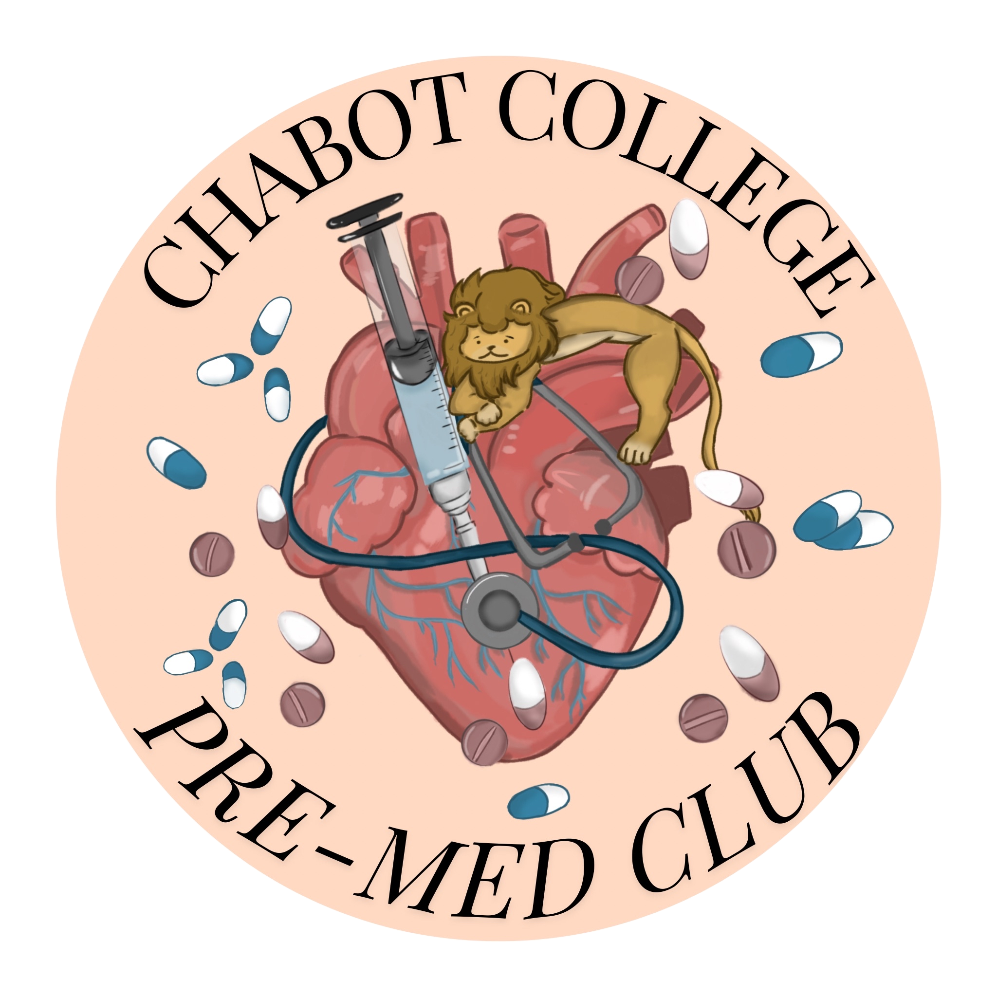 A logo for Chabot College Pre-Med Club featuring a cartoon lion lying on a human heart with medical equipment, surrounded by pills and tablets.