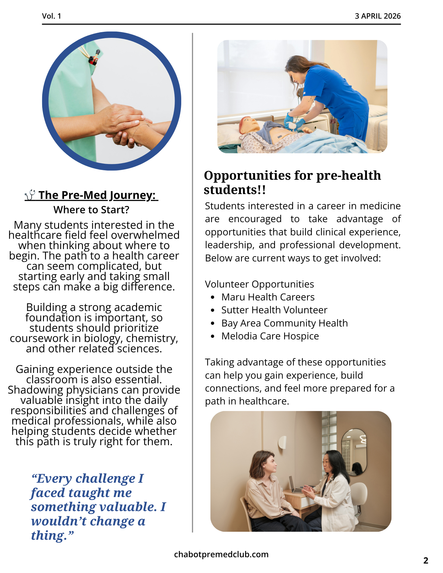A newsletter with information about early healthcare career opportunities for students, featuring images of healthcare professionals interacting with patients, including a patient care simulation and a counseling session.