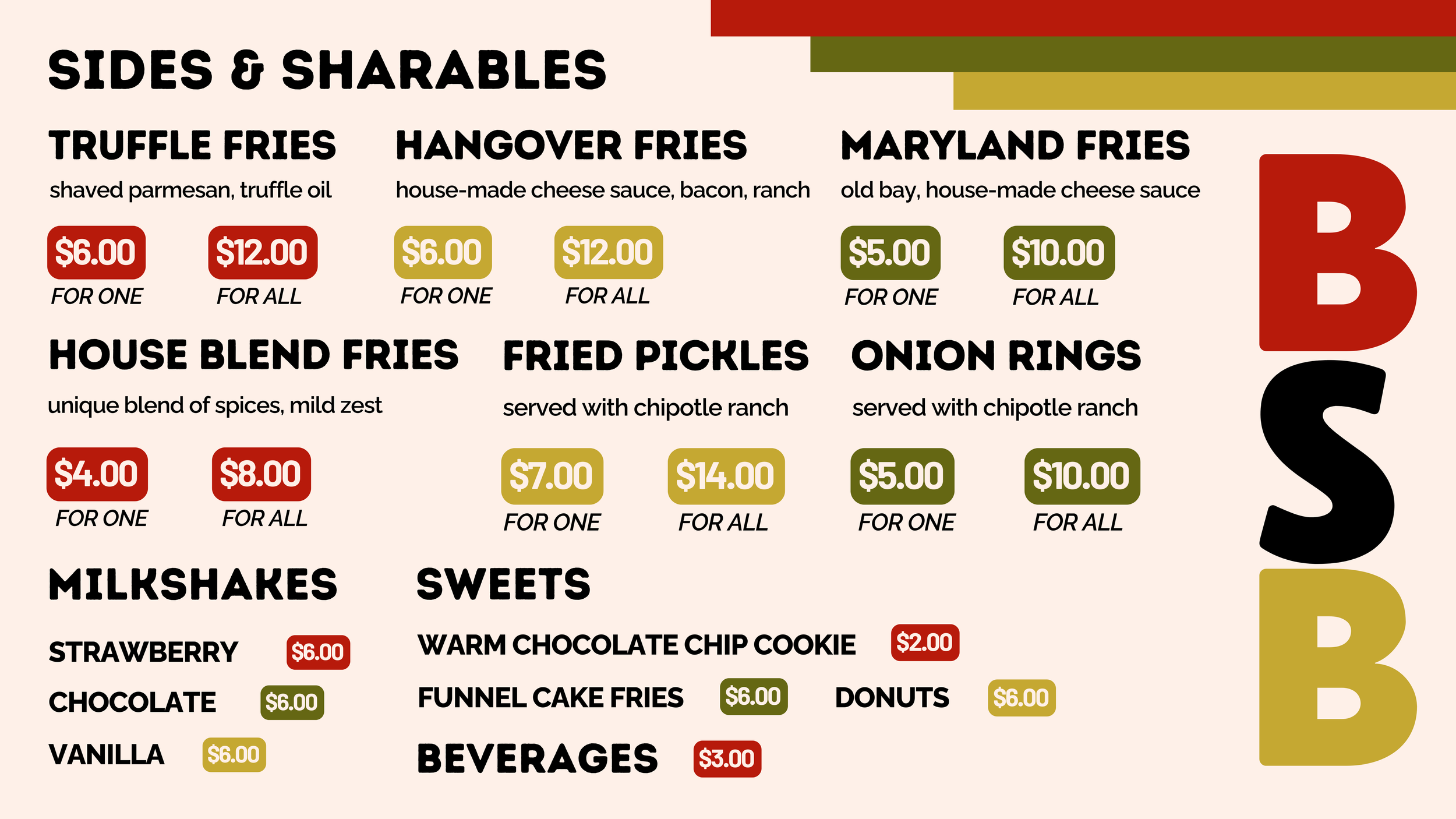 Bridge Street Burgers customer menu on right TV