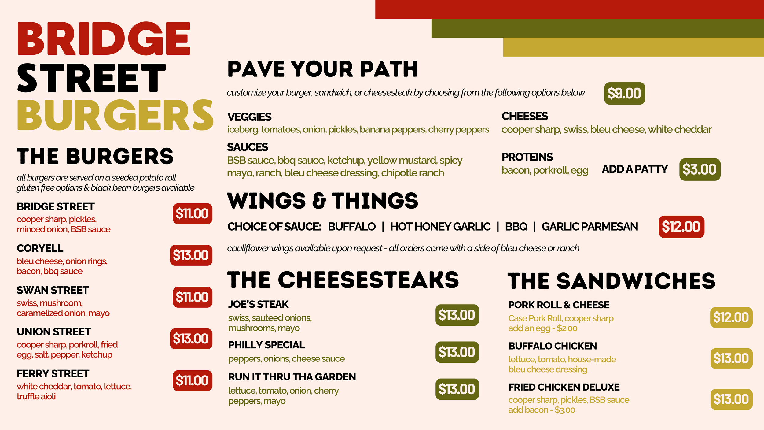 Bridge Street Burgers customer menu on left TV