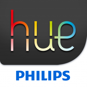 Colorful text spelling 'hue' with letters in red, orange, yellow, green, and blue, and the word 'PHILIPS' in blue below, on a black background.