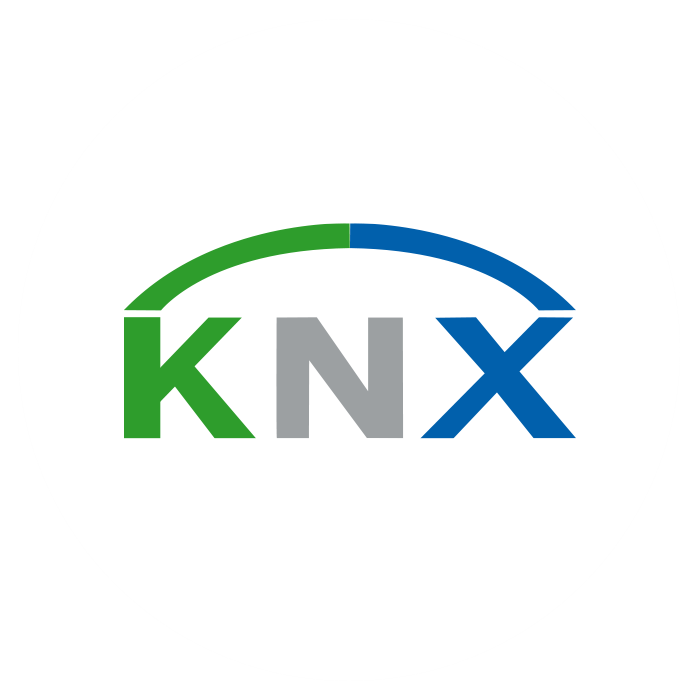 Logo of KNX with green, gray, and blue colors and a curved line above the letters