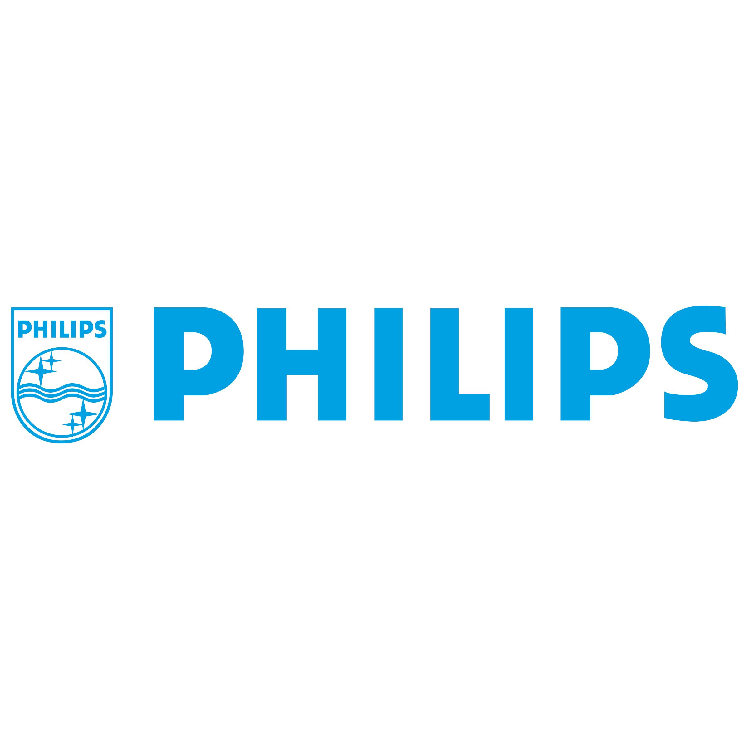 Black background with the blue Philips logo, which includes a shield emblem with the word 'Philips' and a stylized representation of three stars and a wave, next to the large, uppercase word 'PHILIPS' in blue.