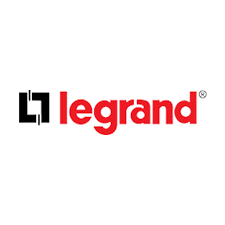Legrand logo with black and red text and a graphic element on a white background.