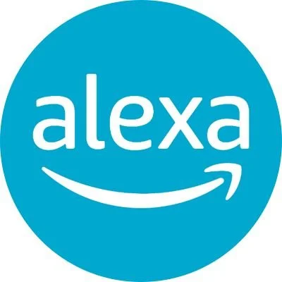 Amazon Alexa logo in a blue circle with white text and smile arrow.